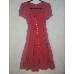 Women's Red Midi Dress Small S Rayon Short Sleeve Boho Fit & Flare Casual Summer